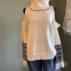 VENUS Black and White Turtleneck Sweater with Cut-Out Shoulders